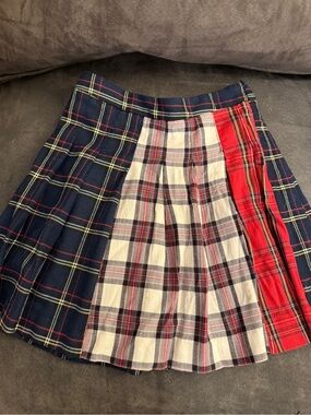 Patchwork Plaid Pleated Mini Skirt in Navy, White & Red